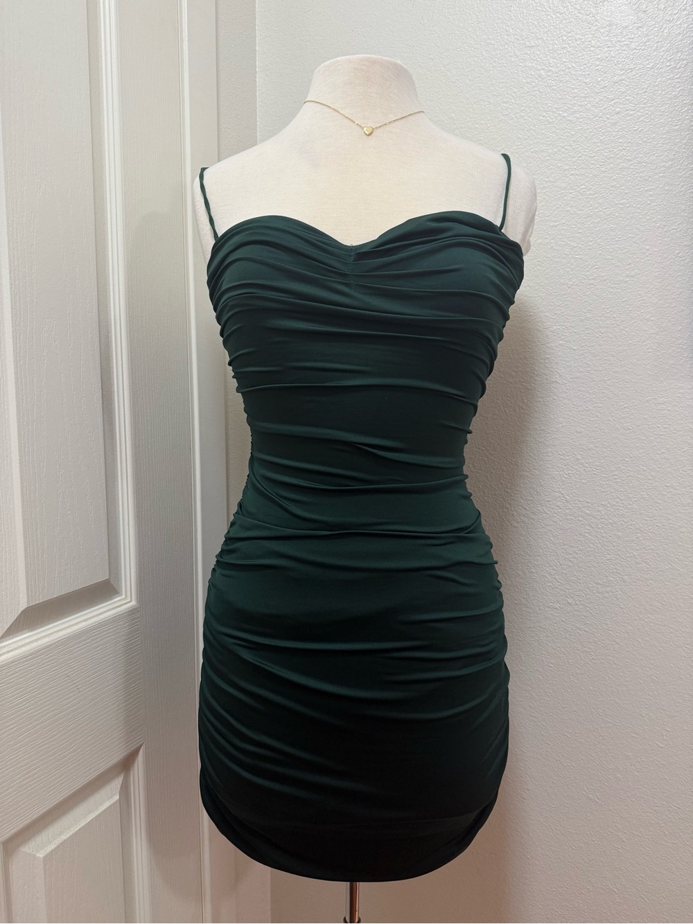 L'Vow Studio Forest Green Ruched Spaghetti-Strap Mini Dress